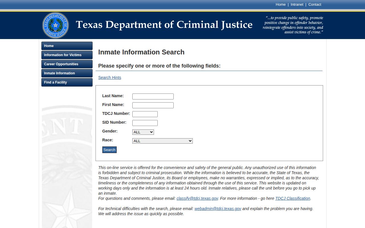 Texas Department of Criminal Justice online inmate search form