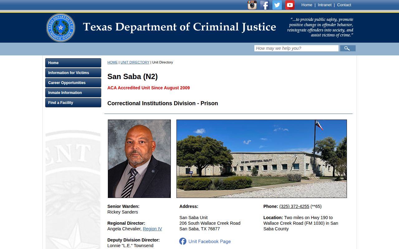 Official TDCJ directory page for San Saba Unit N2